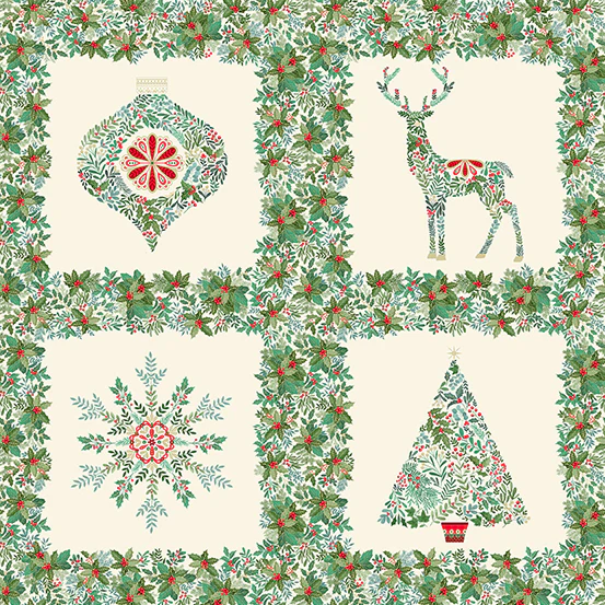 Andover/Makower Good Tidings MU111 Q Cream Squares 24" Block PANEL By The PANEL (Not Strictly By The Yard)