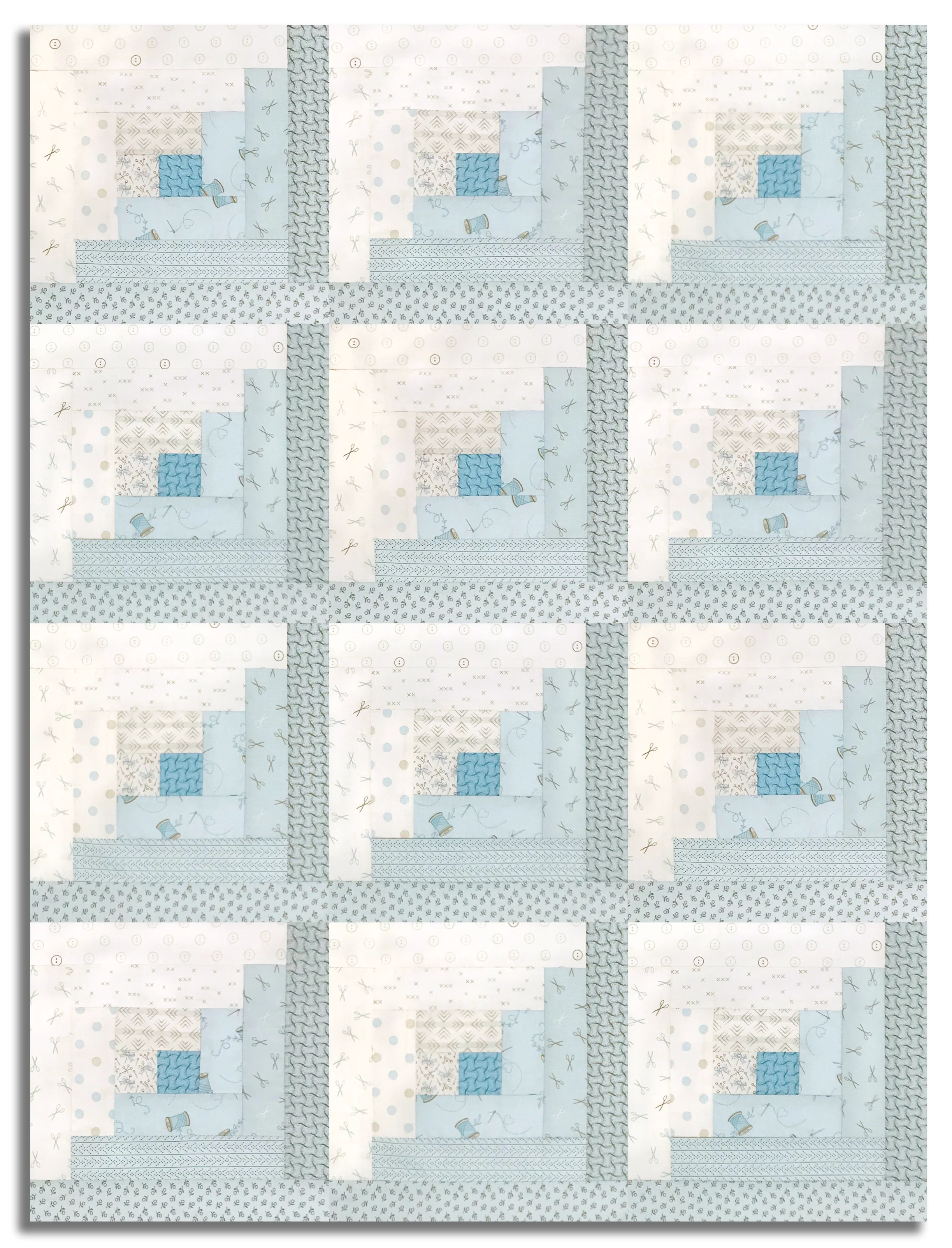 Andover Pre-Cut 12 Block Log Cabin Quilt Kit - Sewing Bird - Mist - Image 2