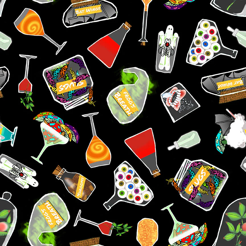Blank Quilting Creepy & Kooky 3424G 99 Black Tossed Halloween Motifs 1.125 YARDS