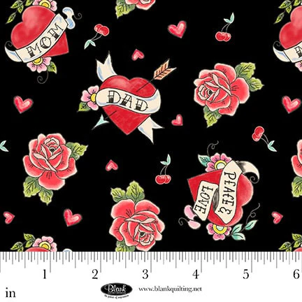 Blank Quilting Ink Chronicles 4446 99 Black Rose & Heart Tattoos By The Yard