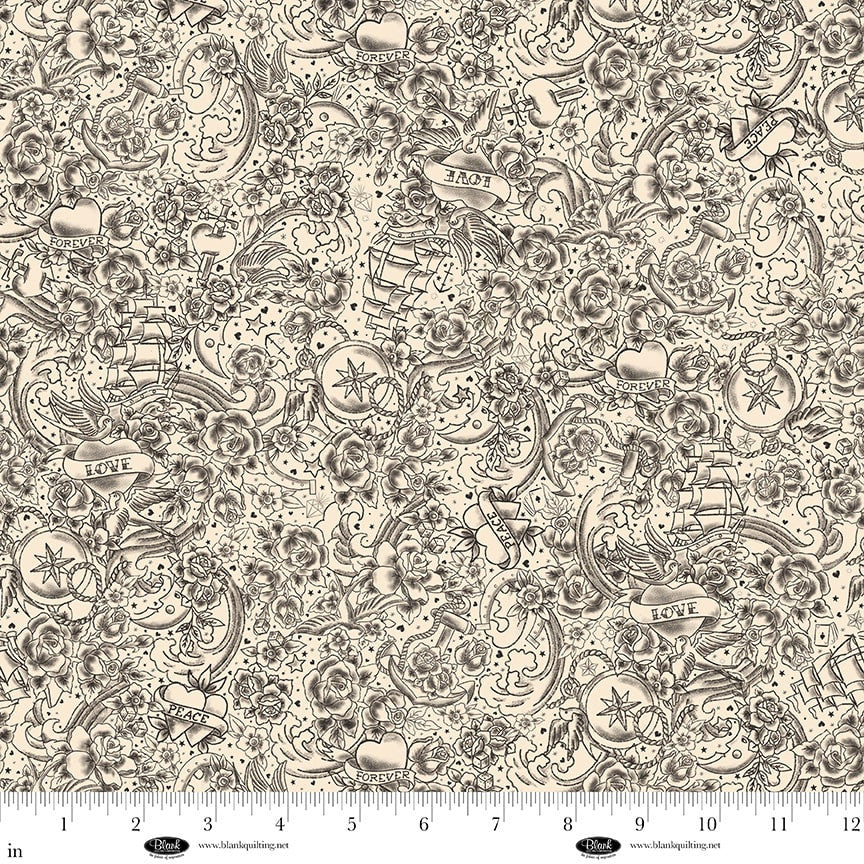 Blank Quilting Ink Chronicles 4449 41 Cream Linework Tattoo Art By The Yard