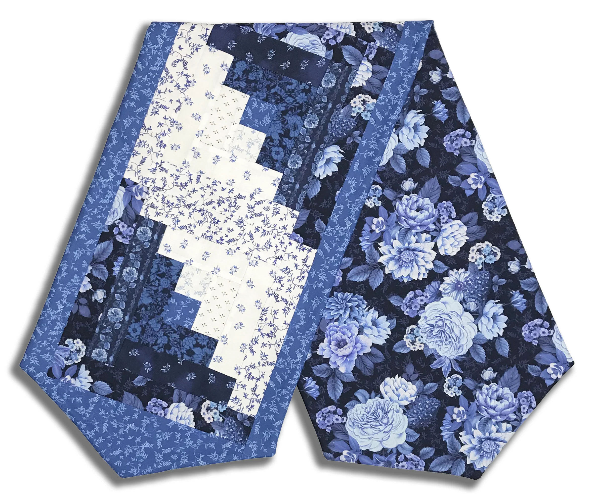 Fully FINISHED Log Cabin Table Runner - China Blue