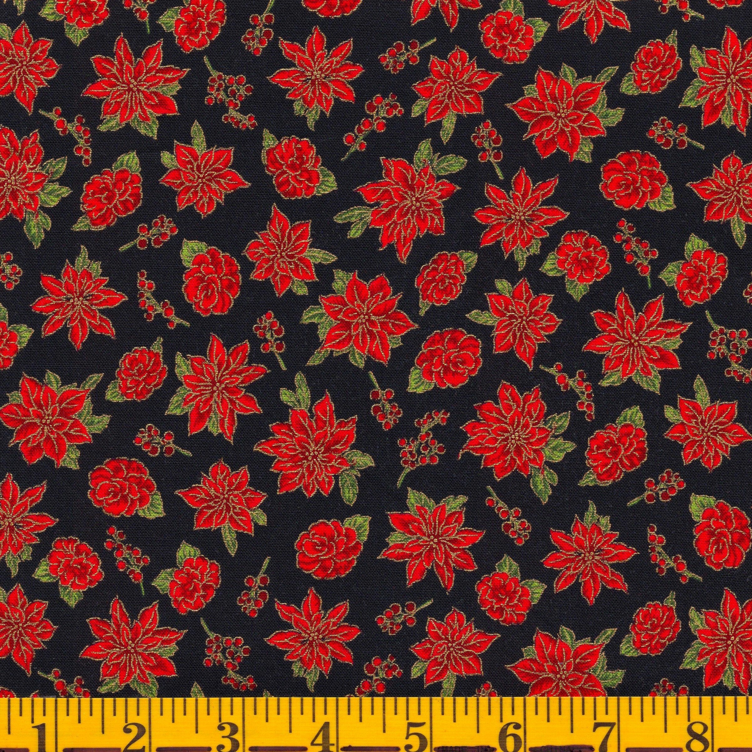 Jordan Fabrics Metallic Christmas Blossom 10008 1 Black/Gold Rose & Poinsettia By The Yard