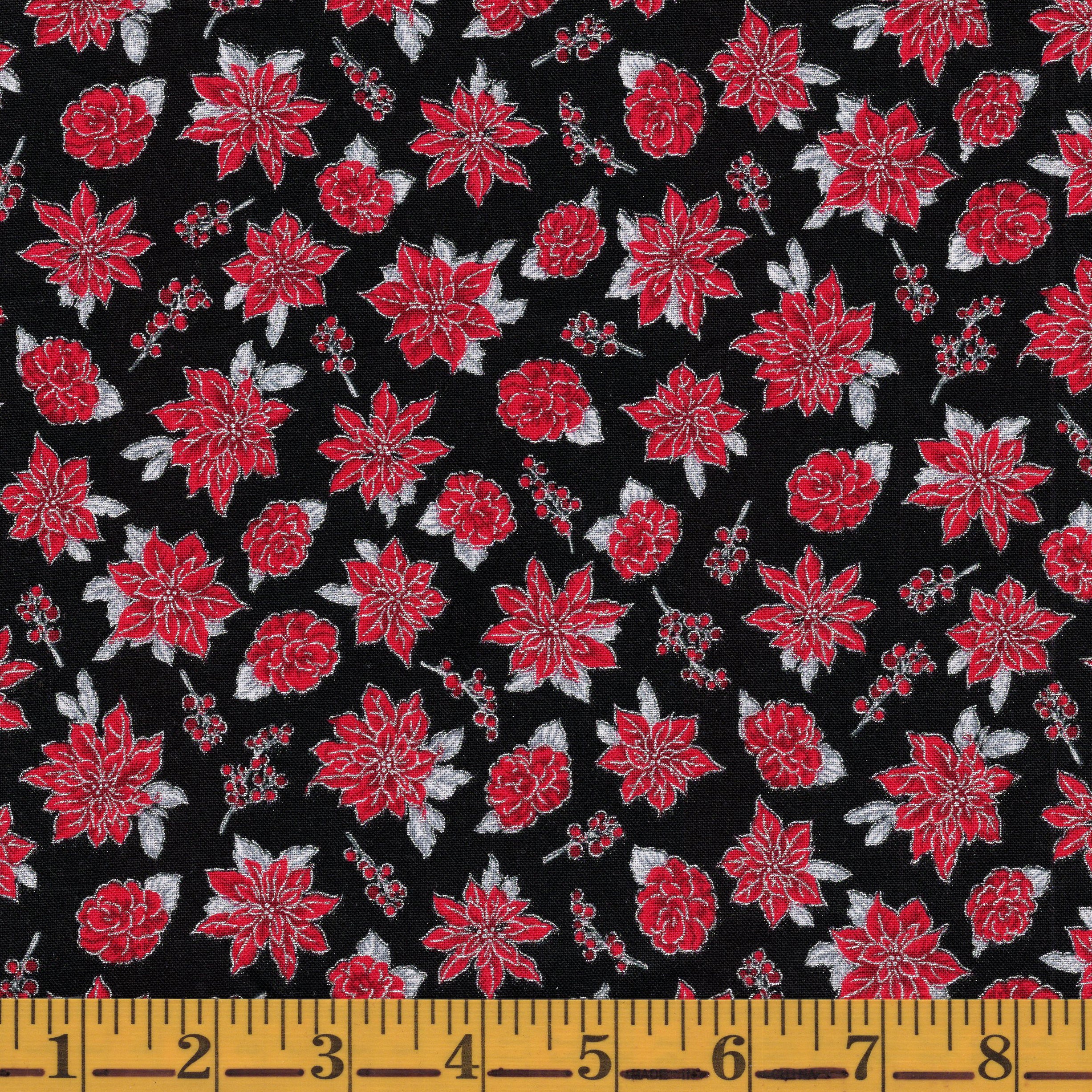 Jordan Fabrics Metallic Christmas Blossom 10008 2 Black/Silver Rose & Poinsettia By The Yard
