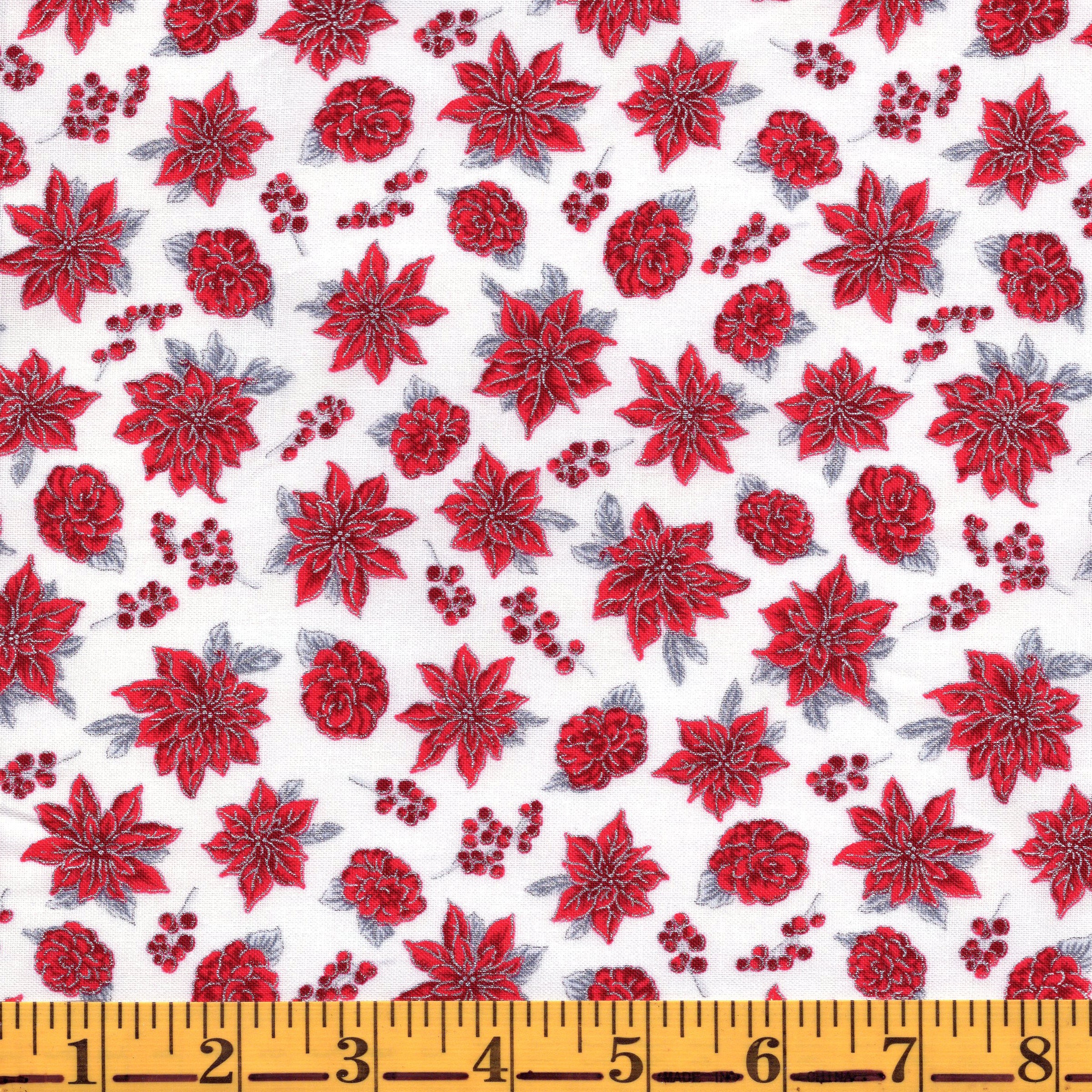 Jordan Fabrics Metallic Christmas Blossom 10008 5 White/Silver Rose & Poinsettia By The Yard