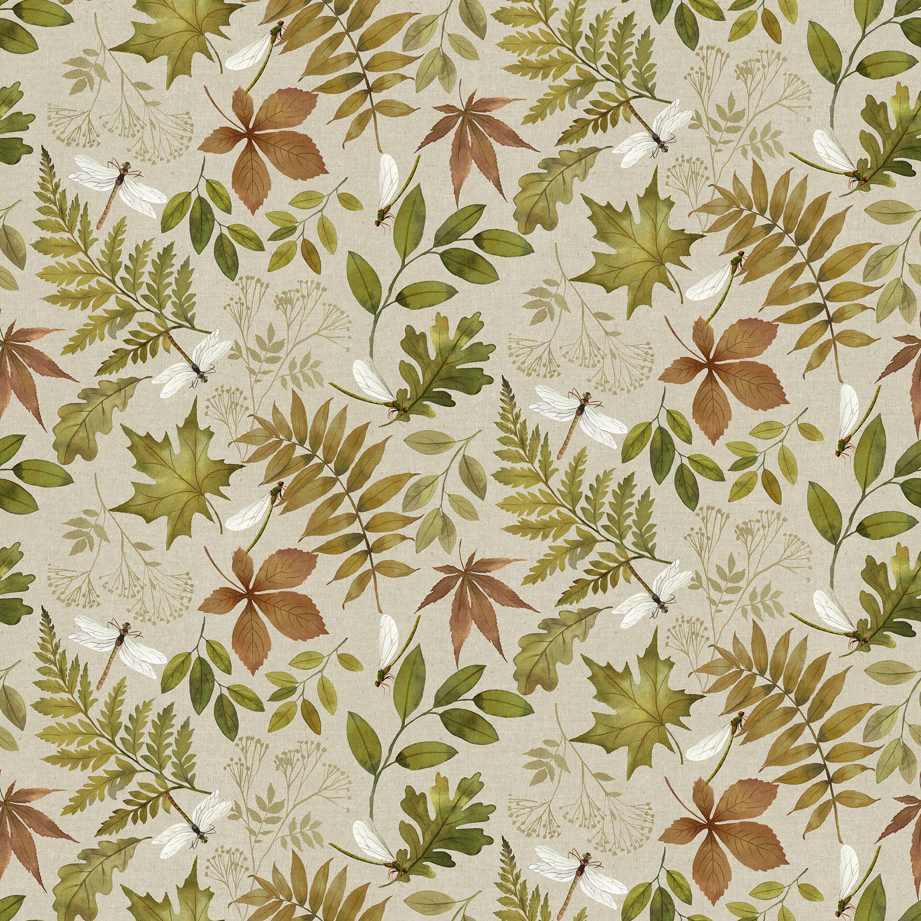 Northcott Natural Elements 27855 12 Taupe Multi Leaf & Dragonfly By The Yard