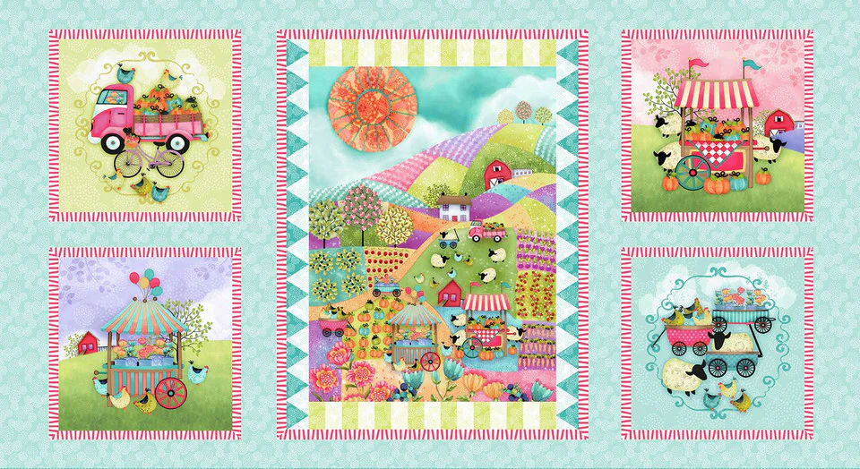 Studio E Country Fair 8211P 18 Aqua/Multi Block 24" PANEL By The PANEL (not strictly by the yard)