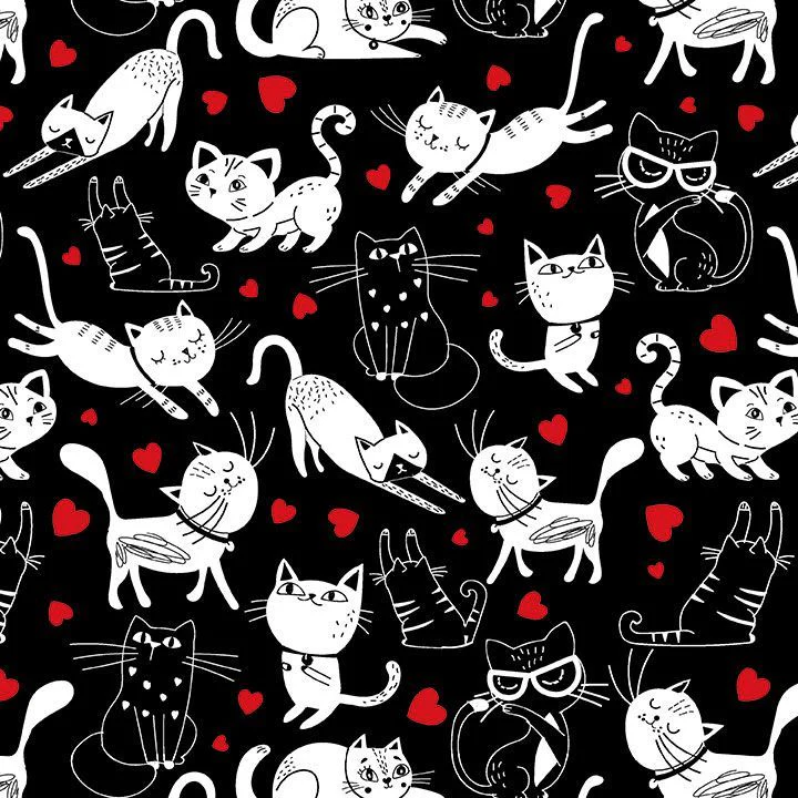 Timeless Treasures - Smitten Kitten CD3833 Black Tossed Cats & Hearts By The Yard