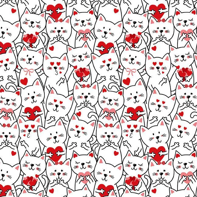 Timeless Treasures - Smitten Kitten CD3834 White Packed Cats With Hearts By The Yard